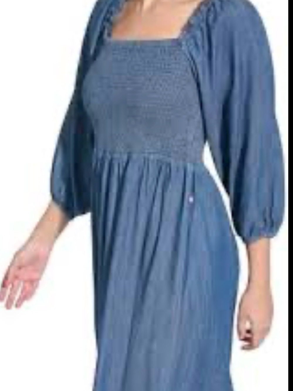 Tommy Hilfiger Smocked Chambray Midi Dress Puff Sleeve Blue Tencel Size S